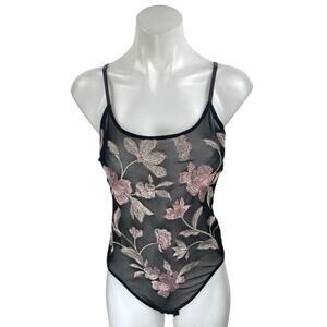 Express Black Pink Floral Embroidered Mesh Sheer Sleeveless Cami Bodysuit Top S